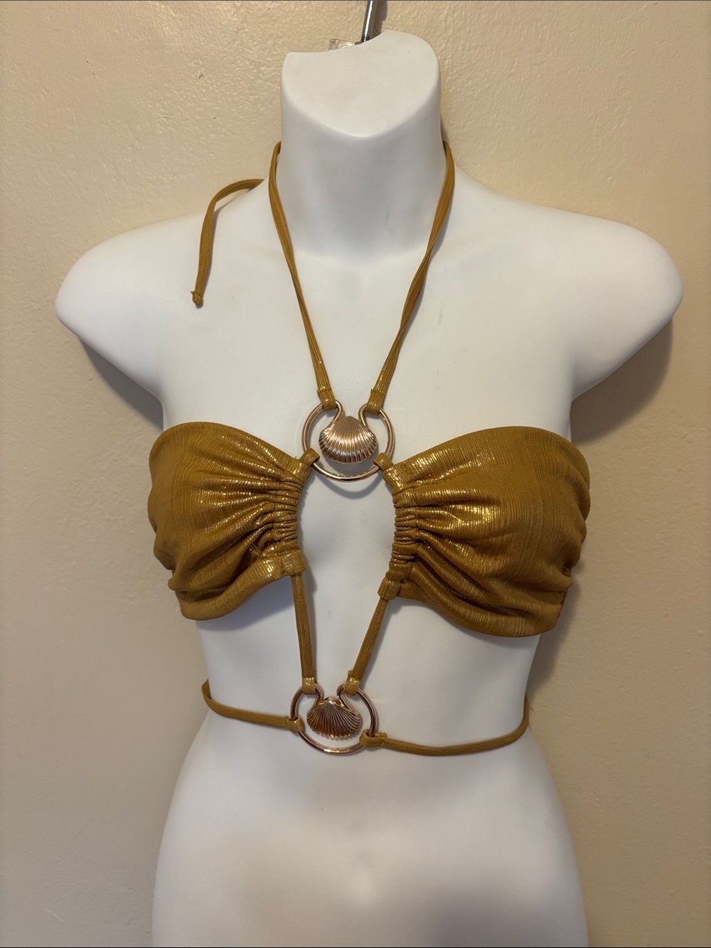 Gold Halter Bandeau Bikini Top with Decorative Rings